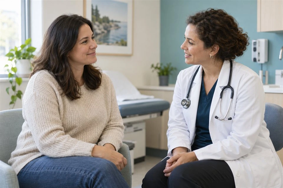 A patient talking with a doctor in a clinic